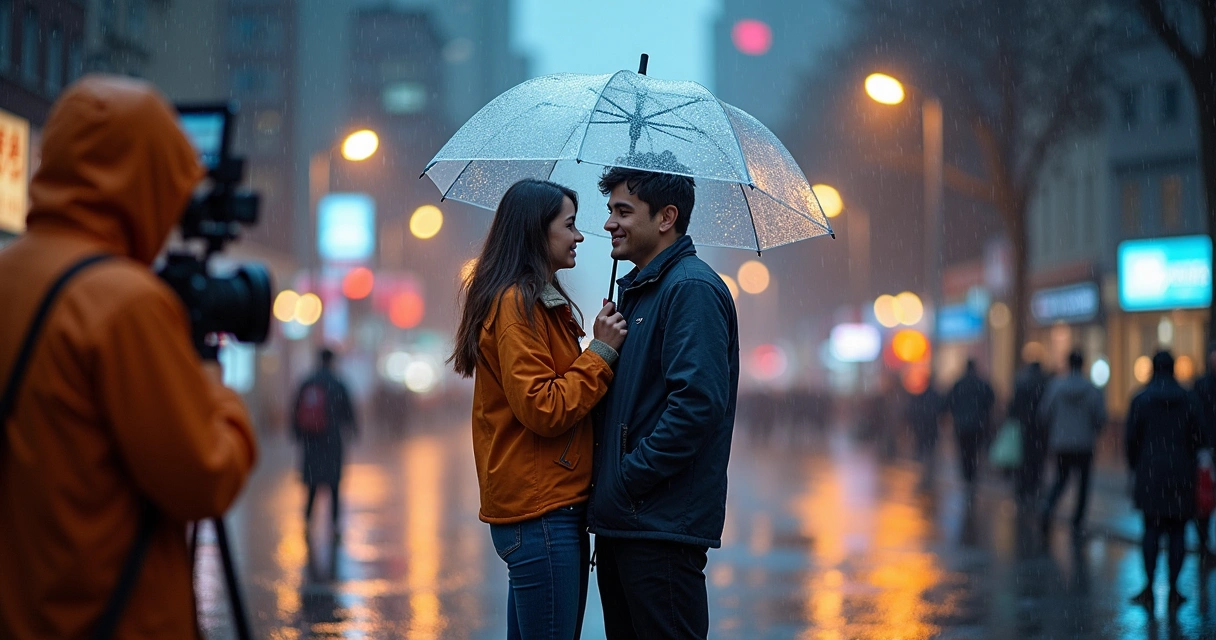 Casal sendo fotografado sob chuva leve com guarda-chuva transparente 