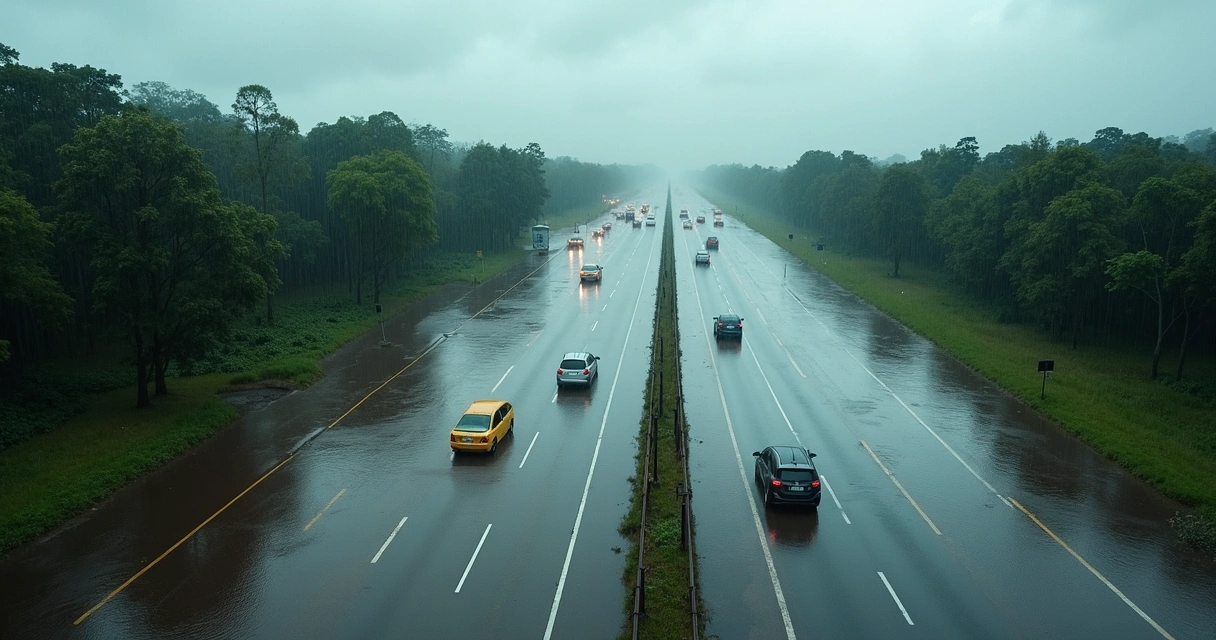 Rodovia parcialmente alagada durante chuva forte, carros desviando da água