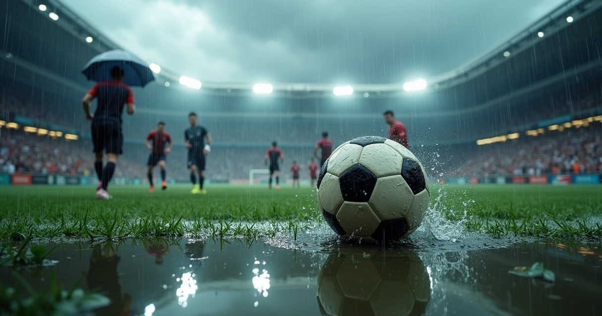 Campo de futebol sendo atingido por chuva durante partida importante