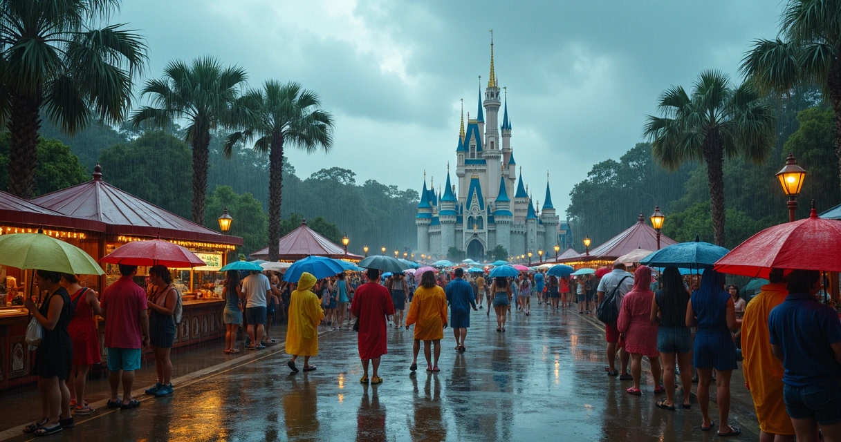 Visitantes de parque temático abrigados durante chuva forte 