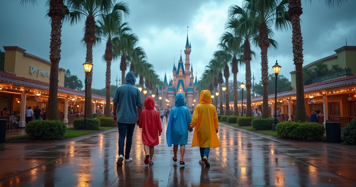 Crianças caminhando de capa de chuva próximo a parque temático sob céu nublado 