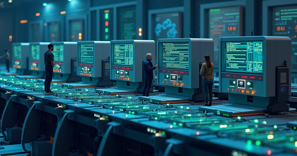 Concept-art of a CI/CD pipeline with conveyor belts and code moving along stages 