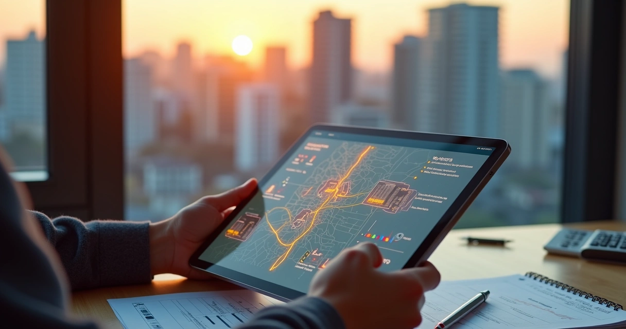 Pessoa segurando tablet com imóveis destacados e gráfico de imposto de renda ao fundo 