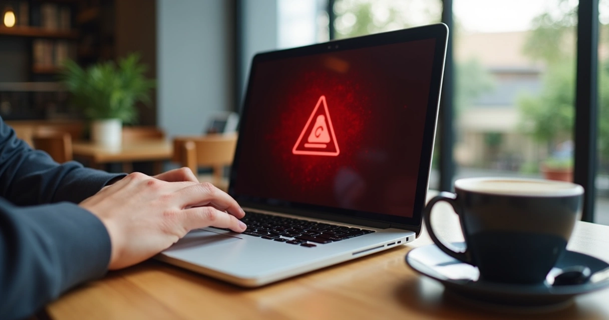 Mãos digitando em notebook com alerta de ameaça digital na tela, xícara de café ao lado