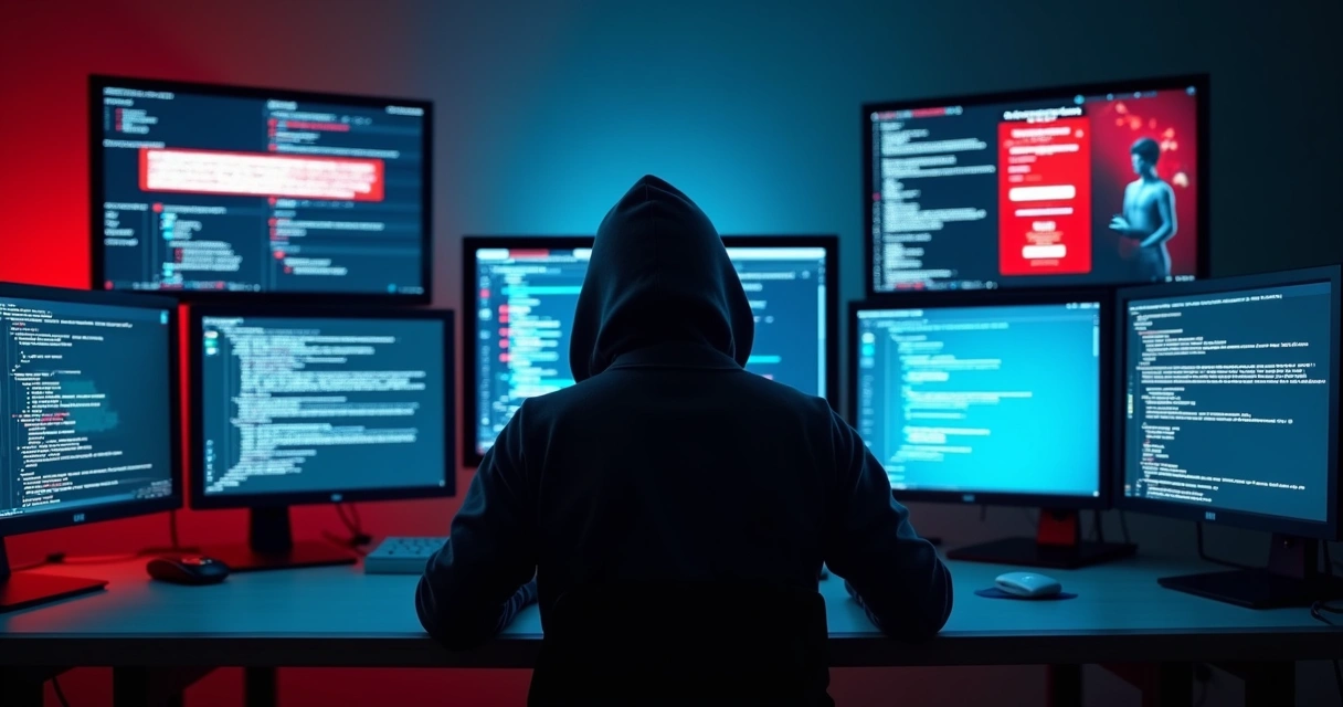 Representação de ciberataque com hacker tentando acessar sistemas bancários 