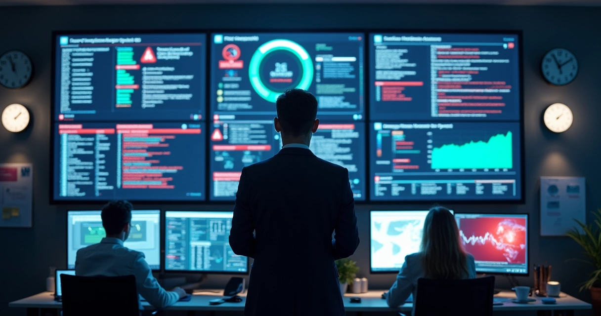 Gestor de TI analisando múltiplos painéis de ataques virtuais em telas no escritório 