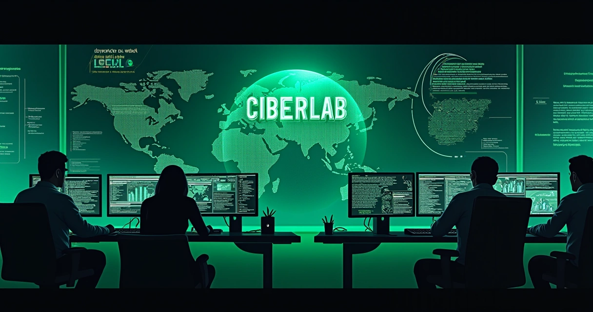 Laboratório de cibersegurança com equipe do Ciberlab monitorando e combatendo pirataria digital.