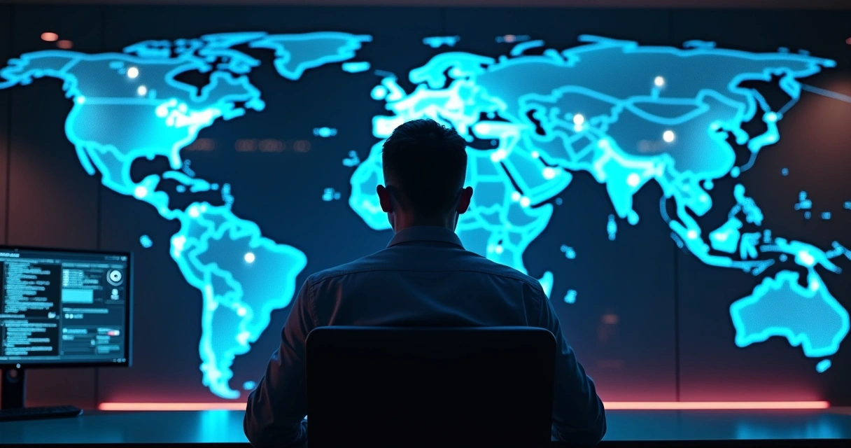 Profissional de tecnologia analisando mapa digital do Brasil com ícones de cibersegurança 