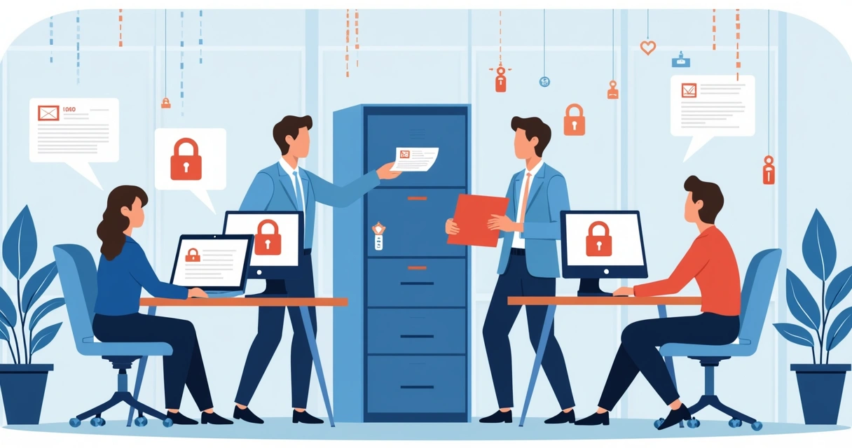 Ilustração de equipe de campanha protegendo dados digitais em computadores 