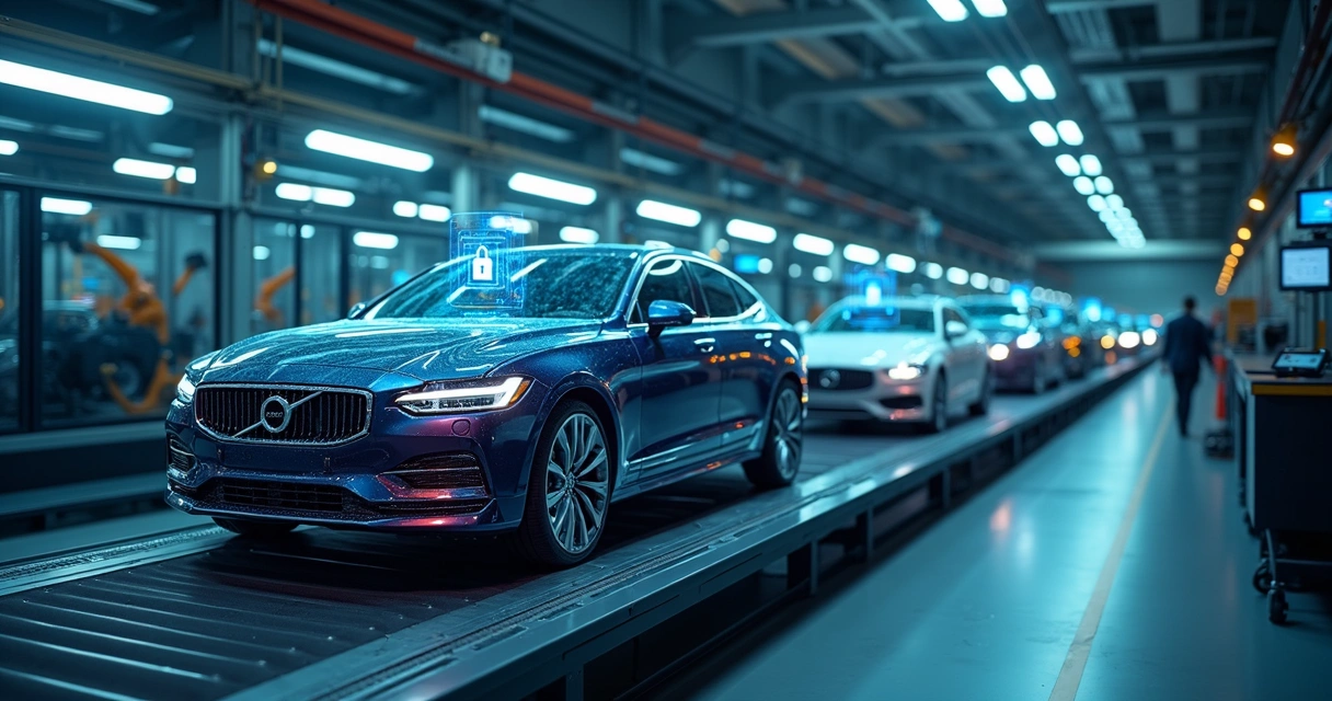 Linha de produção automotiva moderna com símbolos digitais de proteção de dados 