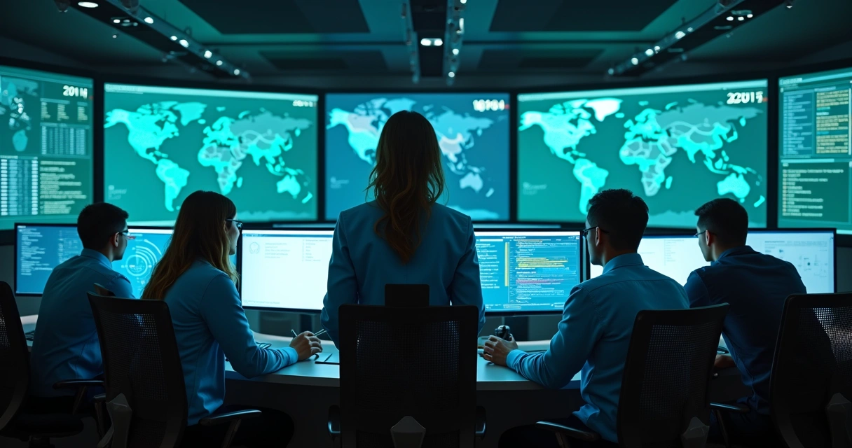Sala de controle de cibersegurança em seguradora com equipe monitorando sistemas 