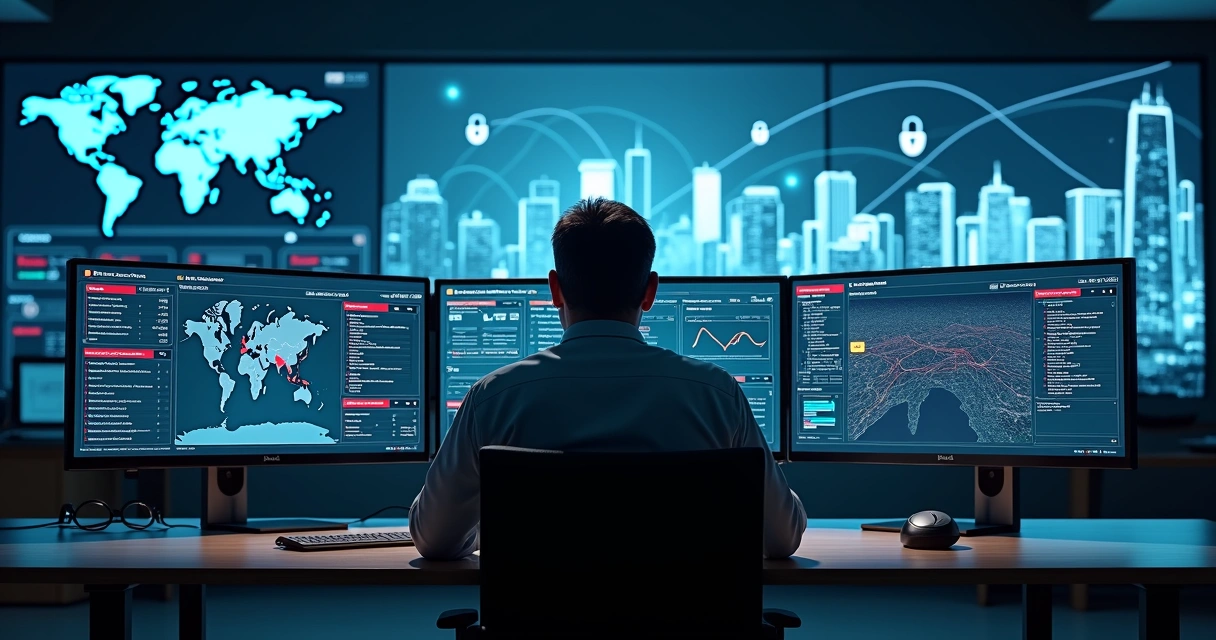 Servidor público monitora painel de cibersegurança em órgão governamental moderno 