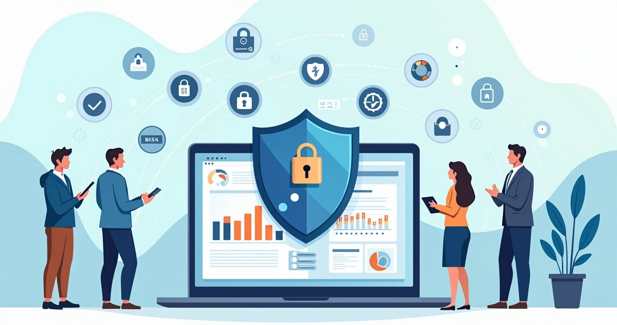 Ilustração de painel de site protegido por escudo digital e cadeado 