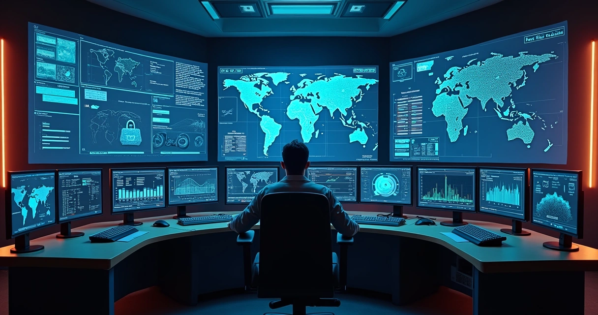 Sala de controle tecnológica com múltiplos monitores mostrando gráficos de segurança cibernética em tempo real 