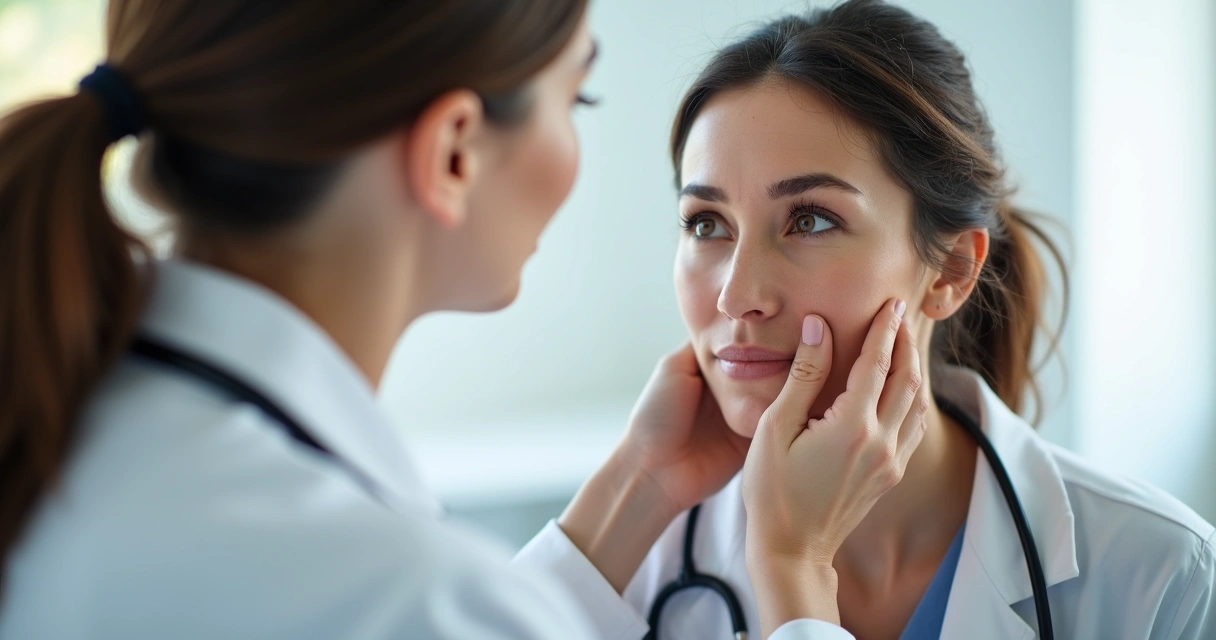 Médica examinando cicatriz discreta em pele do rosto de paciente em consultório 