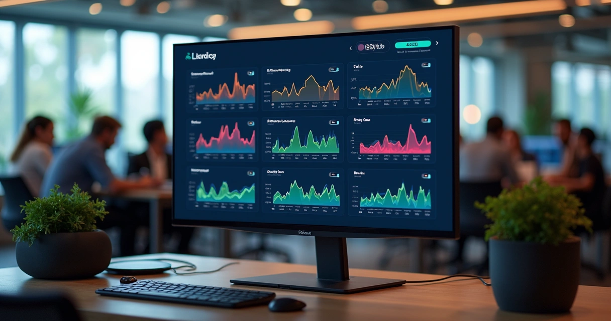 CI/CD pipeline dashboard on wide monitor