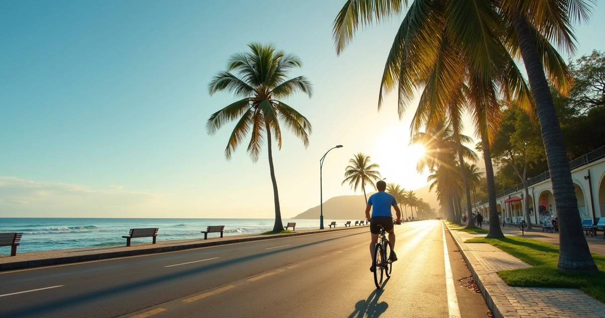 Ciclista pedalando na orla de Ilhéus com mar ao fundo 