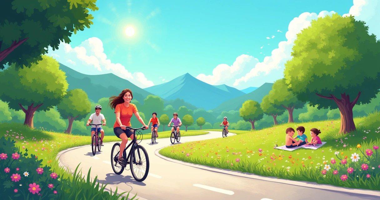 Ciclista pedalando em uma ciclovia ensolarada, acompanhada por amigos e natureza vibrante ao fundo.