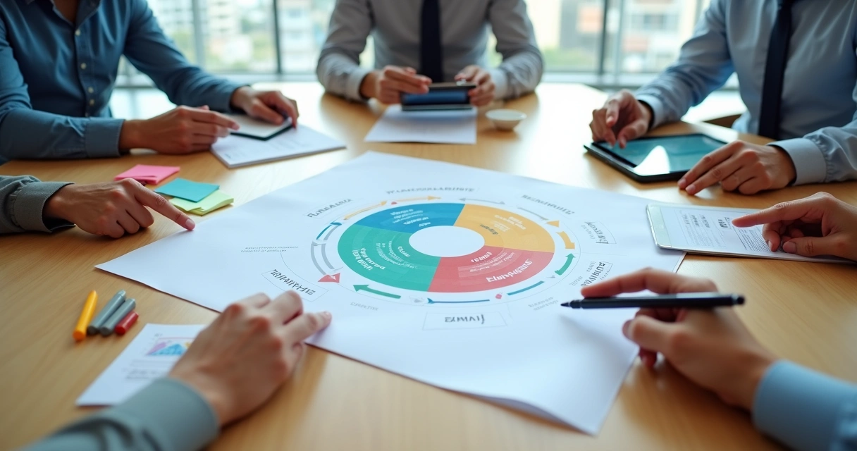 Diagrama de ciclo anual de treinamento de compliance em mesa de reunião moderna 