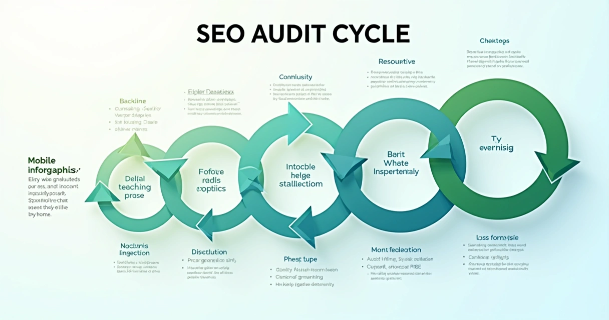 Infográfico ilustrando ciclo de auditoria SEO com etapas e setas circulares 