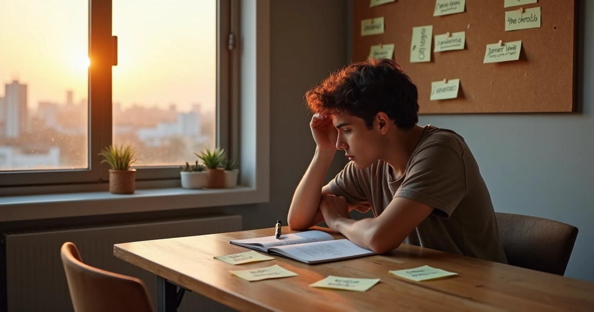 Pessoa refletindo cercada por setas de escolhas e palavras de autocobrança em um mural 