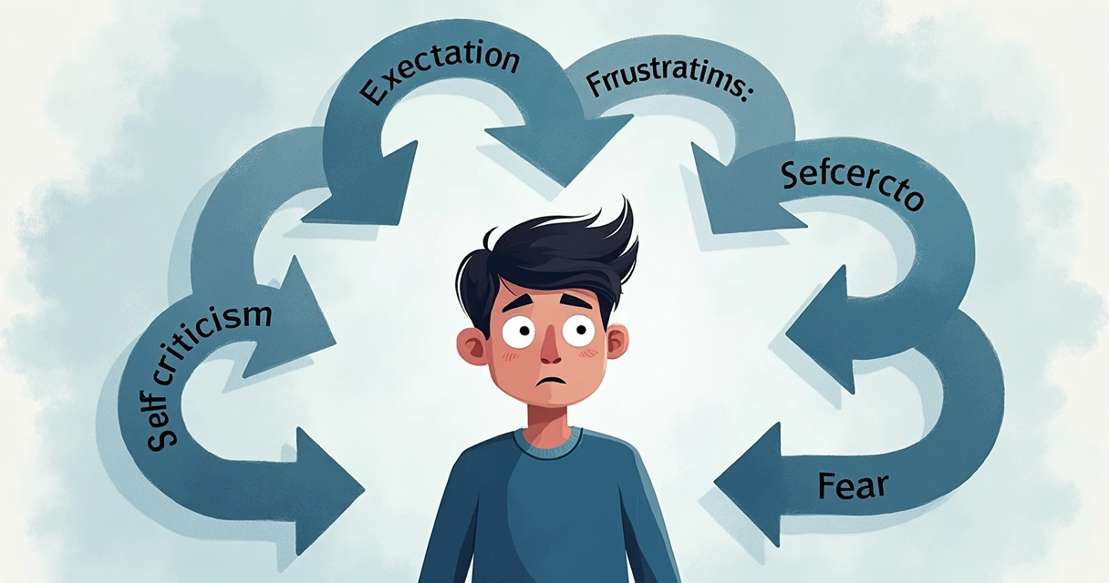 Representação visual de um ciclo de cobranças internas, setas formando círculo com expressões faciais preocupadas