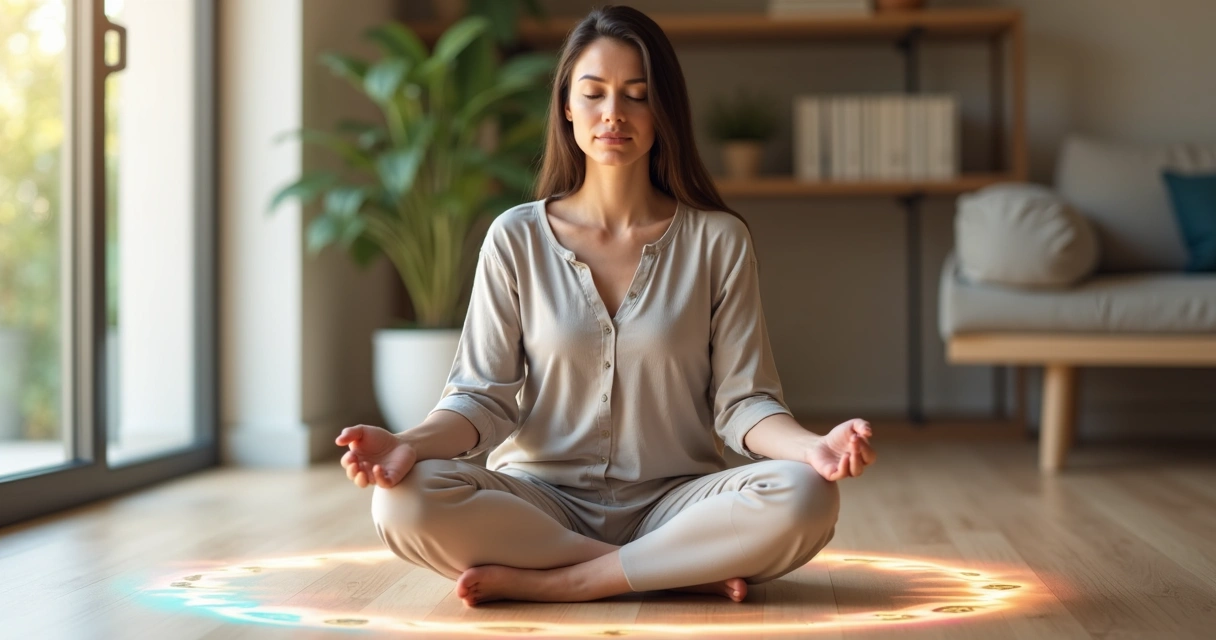 Mulher sentada em posição de meditação ao centro de um círculo iluminado representando o ciclo da autocompaixão 