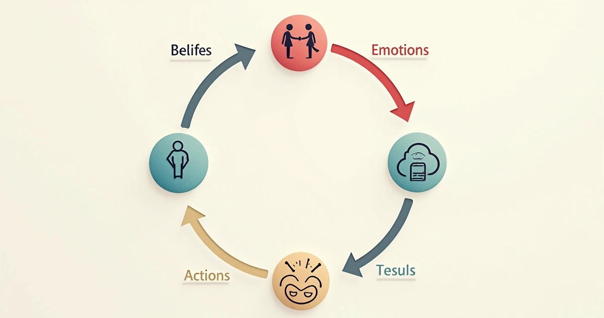 Ciclo de autossabotagem representado por um círculo com setas, dividido em etapas como crenças, emoções, ações e resultados. 