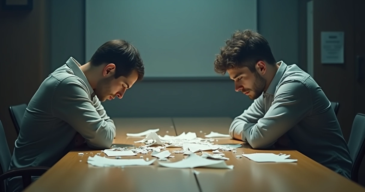 Duas pessoas sentadas em lados opostos de uma mesa, olhando para baixo, com papéis rasgados no meio. 