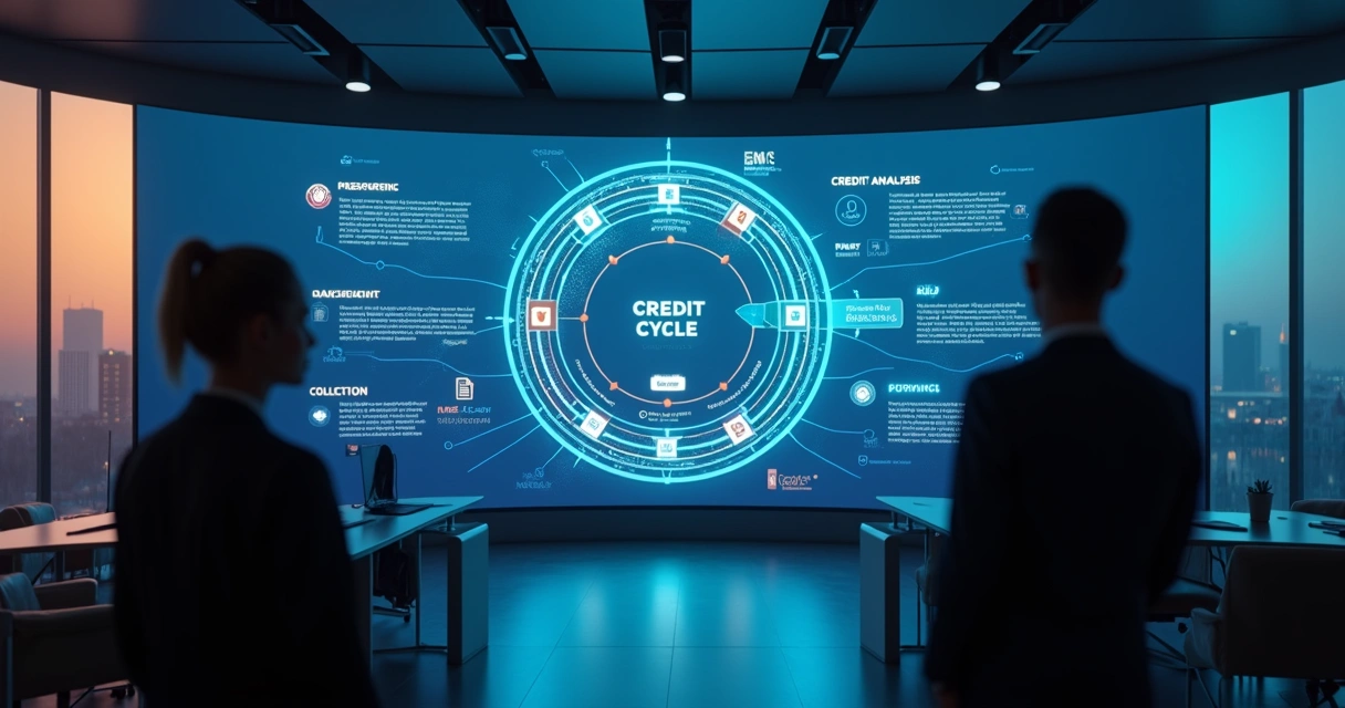 Painel digital de ciclo de crédito com fases em formato circular 