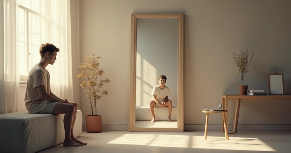 Persona reflexionando ante un espejo con una versión liberada de sí misma detrás 