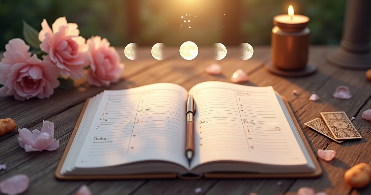 Fases da lua alinhadas com agenda semanal, mesa com calendário e elementos espirituais 