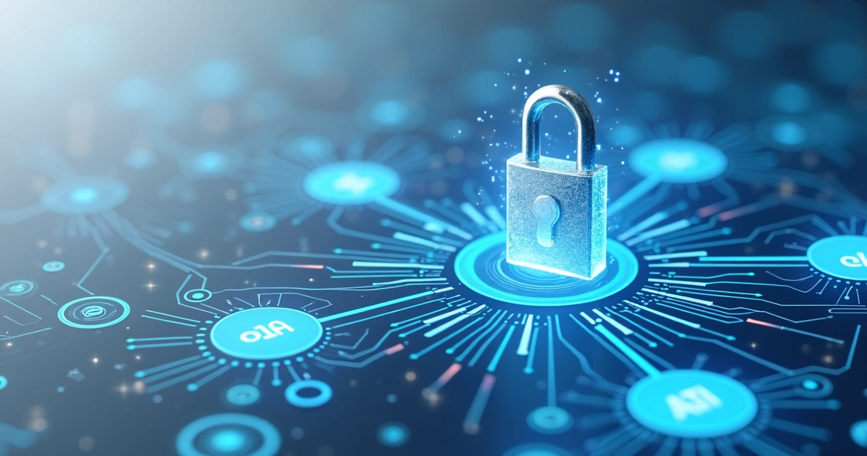 Fluxo de dados digitais com elementos visuais de IA e cadeado de segurança 