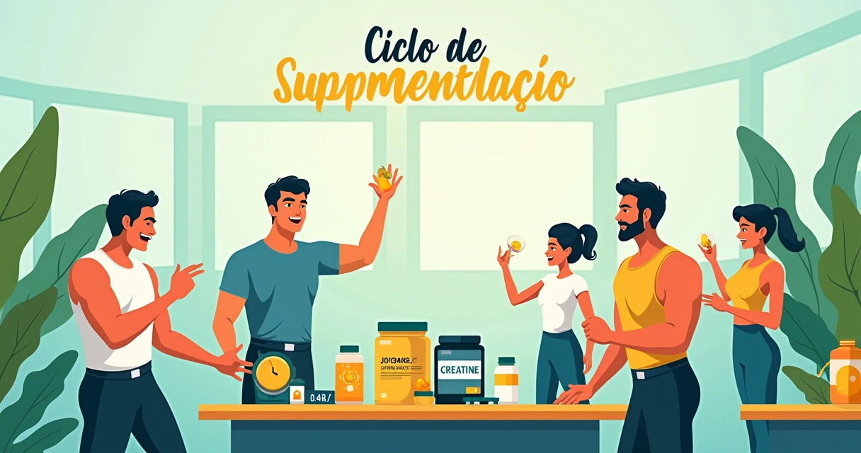 Grupo diversificado em um cenário de fitness, mostrando o ciclo de suplementação com produtos e atividade física.