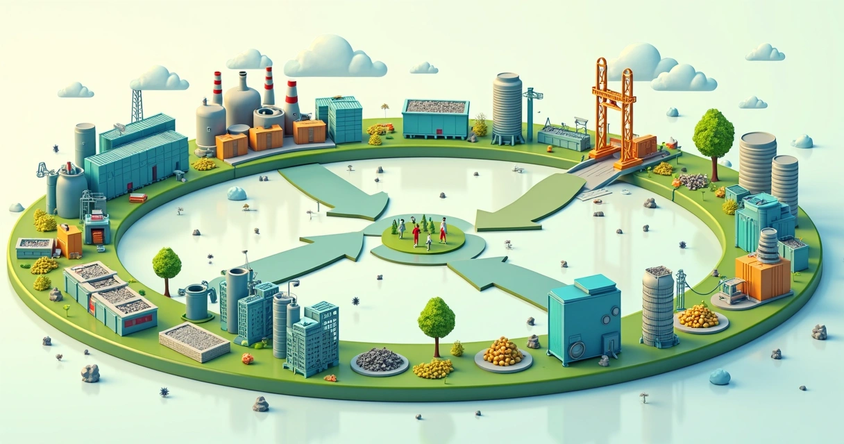 Ciclo de economia circular mostrando reaproveitamento de materiais 