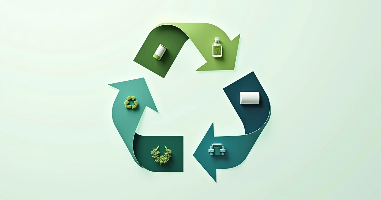 Ciclo de economia circular com setas e materiais reciclados ao redor