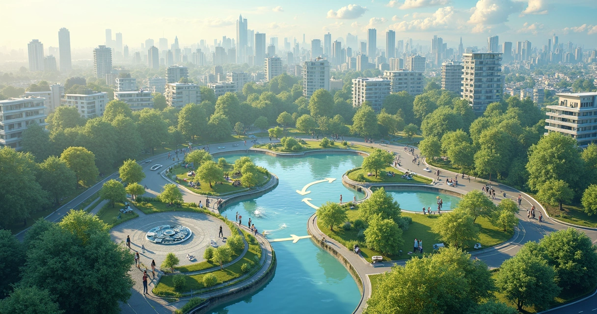 Representación visual de un ciclo de economía circular en una ciudad, mostrando conexiones entre personas y recursos