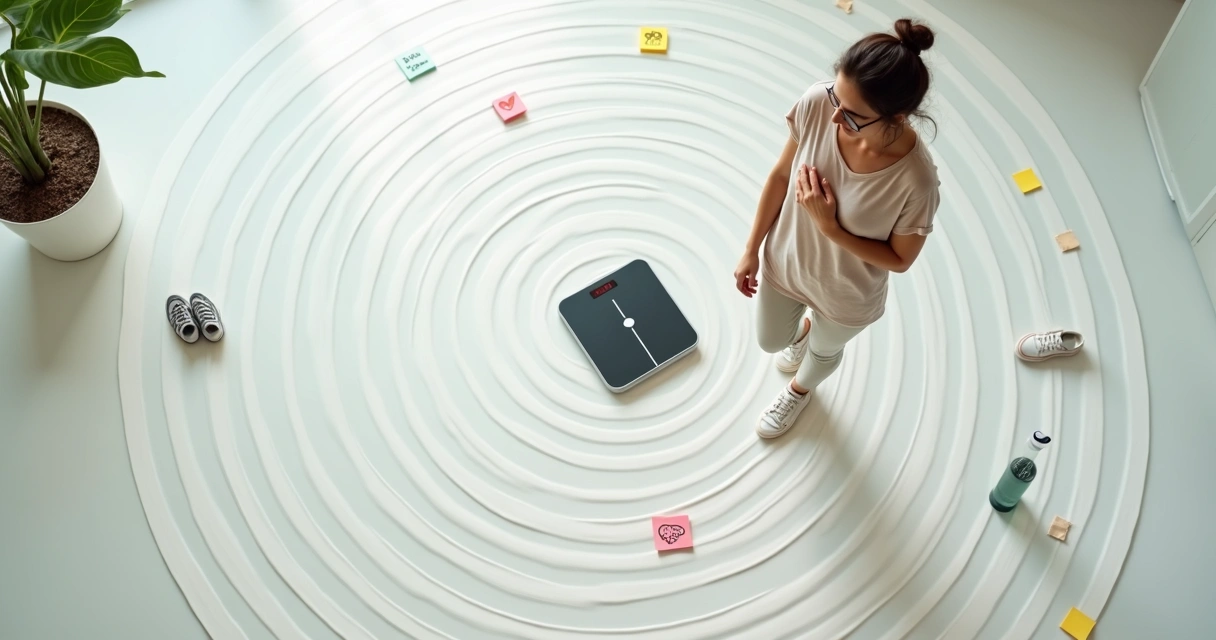 Mulher adulta caminhando em círculo ao redor de balança de peso em formato de labirinto 