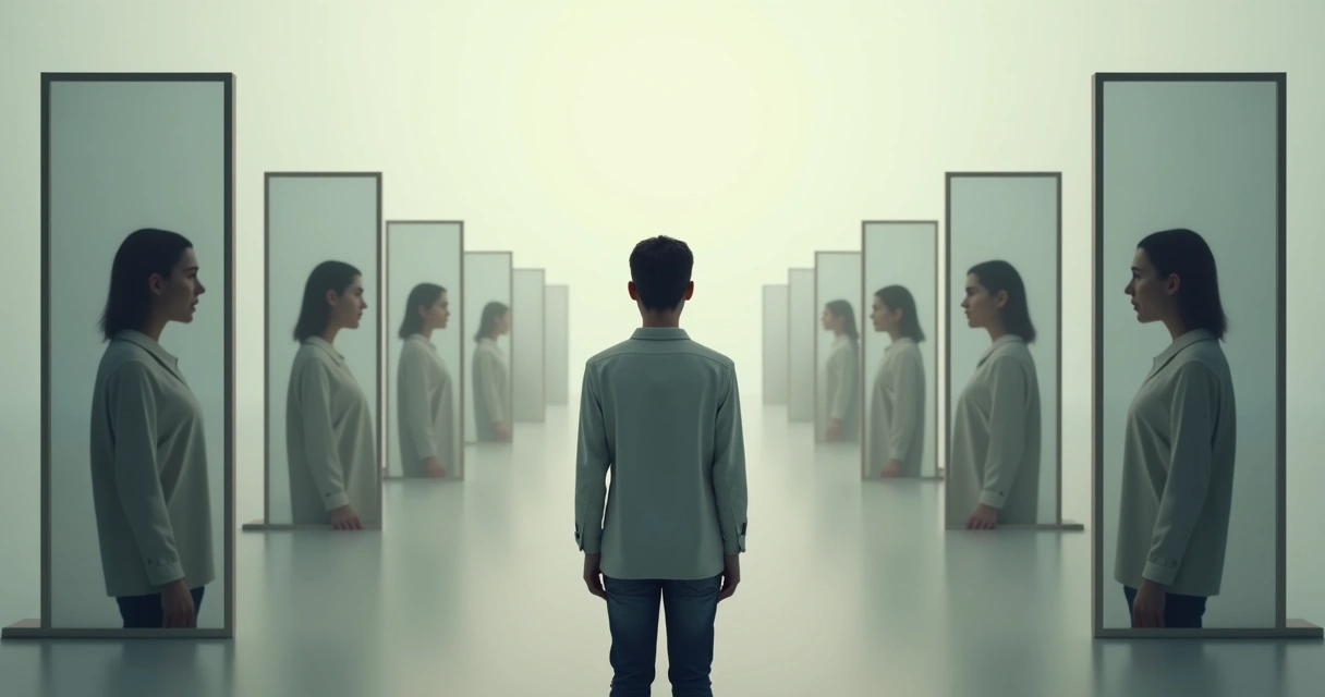 Persona observando su reflejo múltiple en espejos, simbolizando conciencia de ciclos repetitivos 