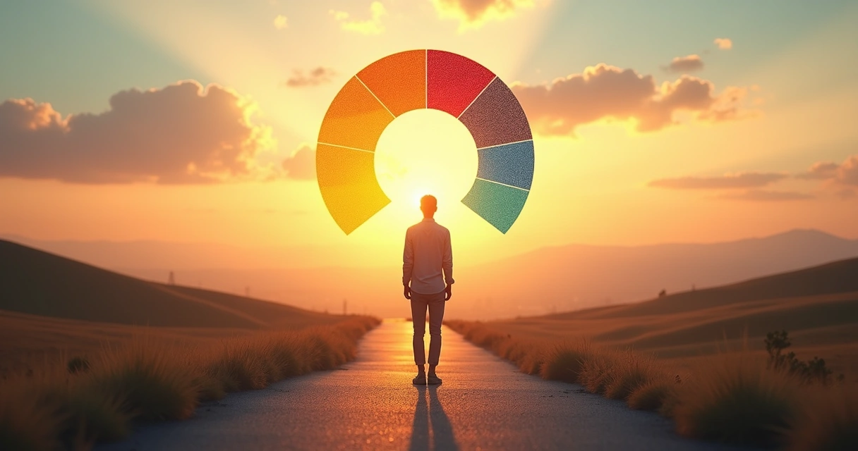 Pessoa em encruzilhada com círculo de emoções ao redor da cabeça 