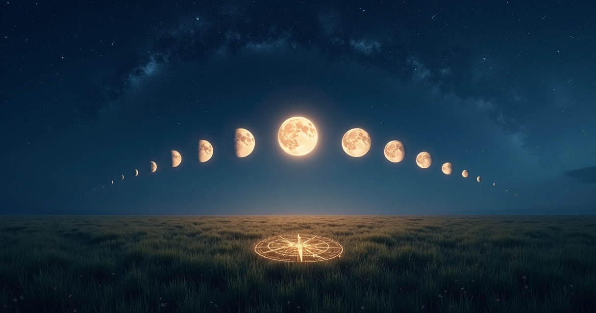 Céu noturno sobre campo com ciclo completo das fases da lua em arco 