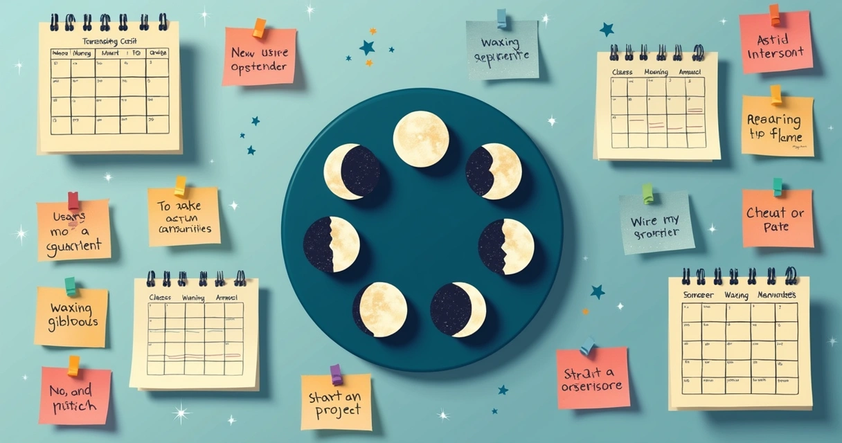 Ilustração das fases da lua em círculo, com calendários e atividades em volta 