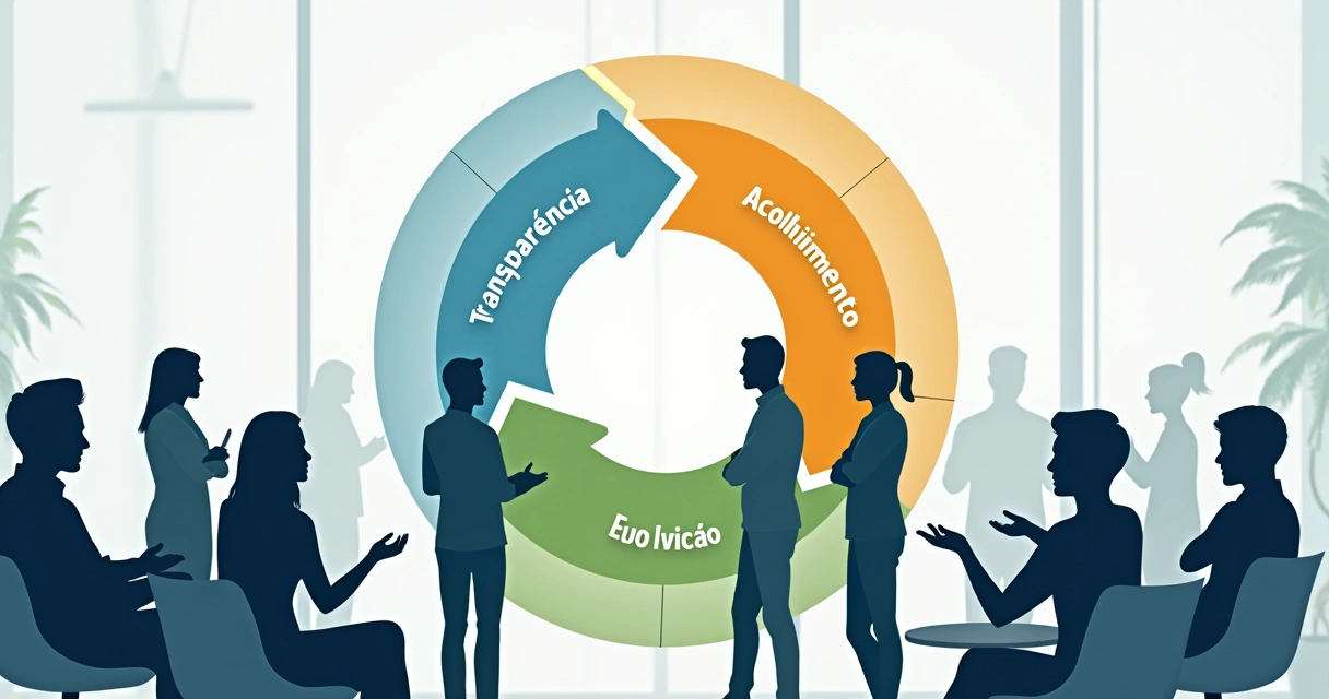 Ilustração de um círculo com etapas do ciclo de feedback autêntico, com setas conectando transparência, acolhimento e evolução. 