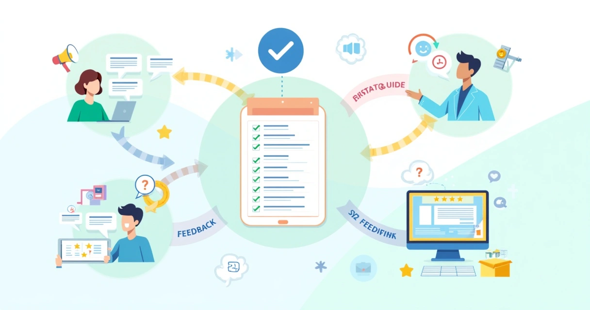 Ilustração do ciclo de feedback do cliente mostrando métodos como pesquisa, conversa, avaliações online e feedback anônimo.