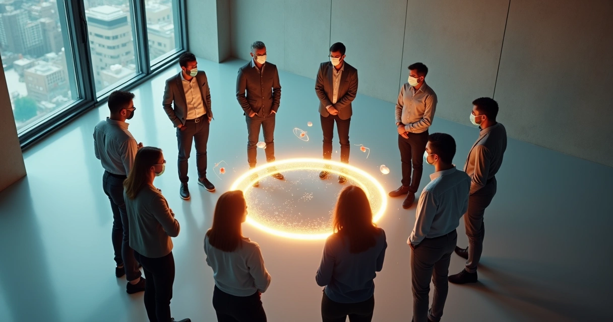 Colaboradores em círculo com fios fragmentados e máscaras transparentes flutuando ao redor 
