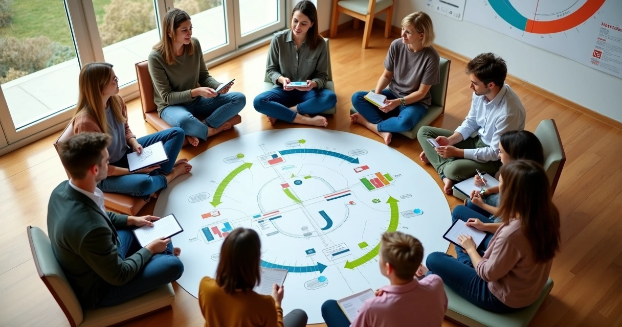 Grupo visto de cima formando círculo com setas ligando pranchetas no chão 