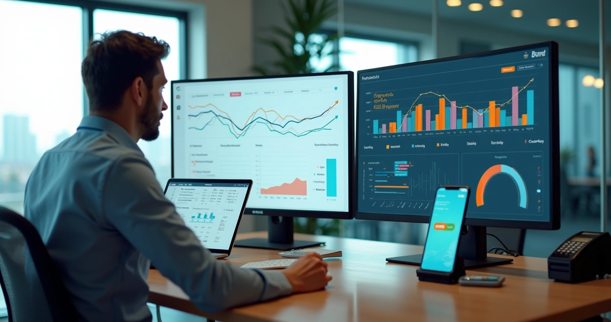 Gestor analisa fluxo de caixa em dashboard financeiro com maquininhas e gráficos de ciclo financeiro 