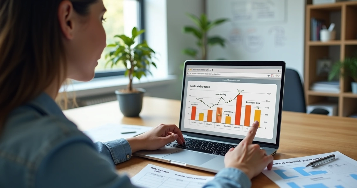 Empresária analisando painel financeiro com gráficos de fluxo de caixa e prazos 