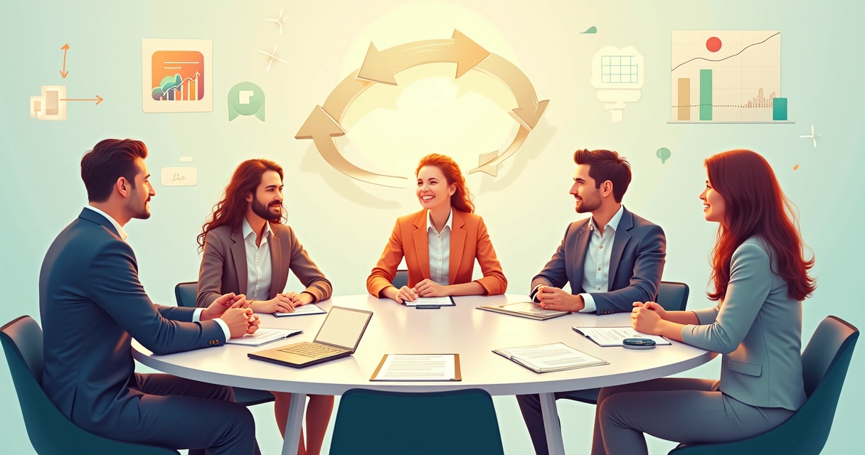 Ilustração detalhada de um ciclo flywheel em negócios, mostrando pessoas interagindo em círculo, conectadas por setas que indicam movimento contínuo 