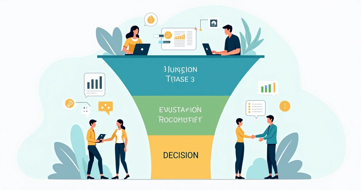 Diagrama ilustrando as três etapas do funil B2B, com representantes de vendas e gráficos de conversão 
